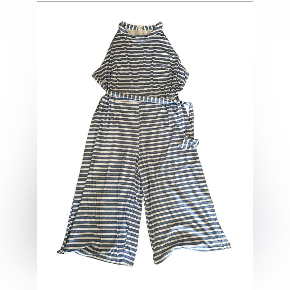 Women's Striped Sleeveless Halter Top Jumpsuit with Belt - Size 4X. Blue/White - Picture 2 of 9